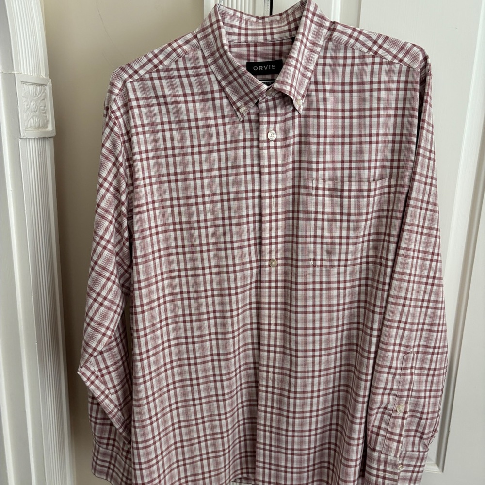 Orvis Men's Burgundy and White Plaid Shirt